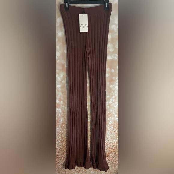 ZARA NWT brown ribbed knit trendy fit and flare pants - Picture 1 of 7